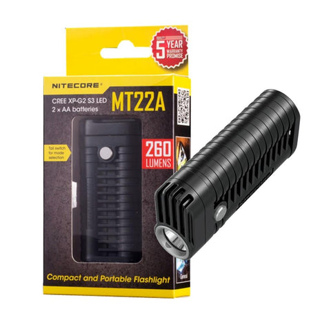 Nitecore Black MT22A 260 Lumen LED Ultra-Compact EDC Flashlight/Torchlight, powered by 2x AA Alkaline or Ni-MH universal batteries.