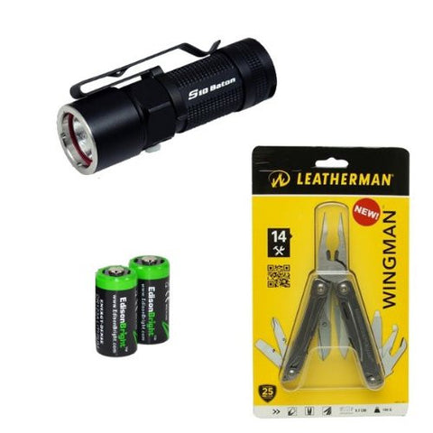 Olight S10 Baton XM-L 320 Lumens LED Flashlight EDC with genuine Leatherman Wingman Multi-tool 831426 and Two EdisonBright CR123A Lithium Batteries bundle