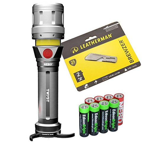 Leatherman Brewzer 831675 multi-tool, Nebo 6296 TWYST 3400 LUX LED flashlight/worklight/lantern with 4 X EdisonBright AA alkaline batteries and 4 X Nebo AA batteries bundle