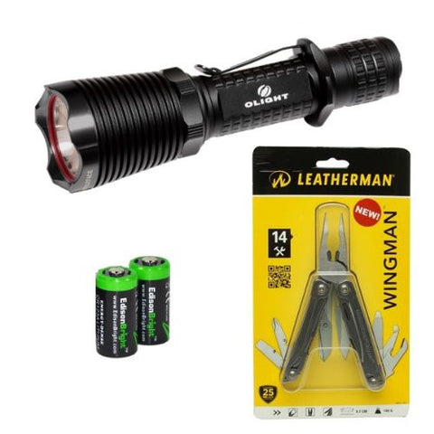 Olight M22 Warrior 950 Lumen CREE XM-L2 LED tactical flashlight, Free diffuser, with genuine Leatherman Wingman Multi-tool and Two EdisonBright CR123A Lithium Batteries bundle