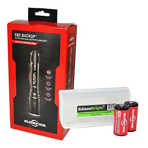 SureFire EB2 Backup (EB2C-A-BK) Ultra-High Dual-Output LED 500 Lumens Flashlight w/ 4 X SureFire CR123A batteries and EdisonBright BBX3 battery carry case bundle