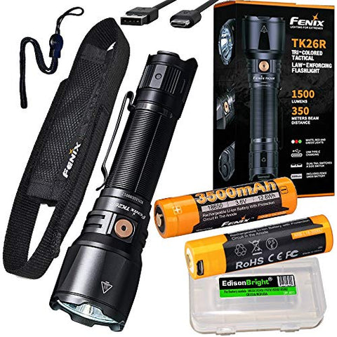 Fenix TK26R 1500 Lumen USB rechargeable white/red/green LED flashlight, 2 X rechargeable batteries with EdisonBright brand battery carry case bundle