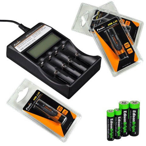 Fenix ARE-C2 four bays Li-ion/ Ni-MH advanced universal smart battery charger, Three Fenix 18650 ARB-L2S 3400mAh rechargeable batteries (For PD35 PD32 TK22 TK75 TK11 TK15 TK35 TK51) with EdisonBright Batteries sampler pack