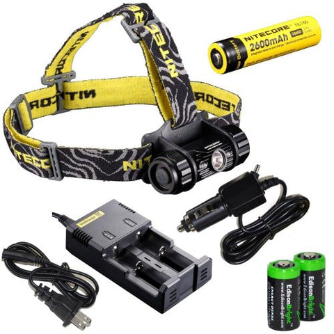 Nitecore HC50 565 Lumens CREE XM-L2 LED headlamp with Genuine Nitecore NL186 18650 2600mAh Li-ion rechargeable battery,Nitecore i2 intelligent Charger, Car Charging Cable and Two EdisonBright CR123A Lithium Batteries