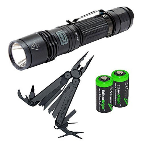 Fenix PD35 2014 Edition 960 Lumen CREE XM-L2 U2 LED Tactical Flashlight and Leatherman Wave black multitool bundle with Two EdisonBright CR123A Lithium Batteries.
