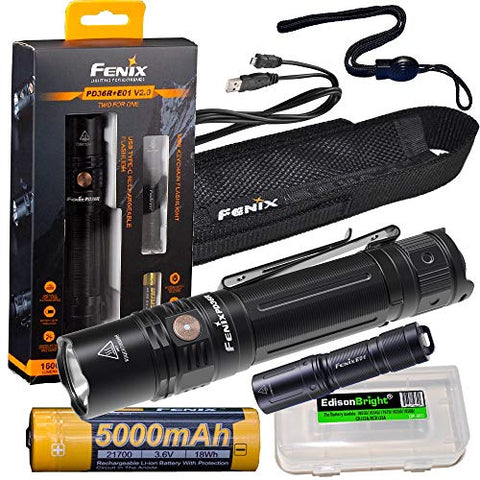 Fenix PD36R 1600 Lumen USB rechargeable CREE LED tactical Flashlight, E01 V2 mini flashlight with EdisonBright charging cable carry case Gift bundle
