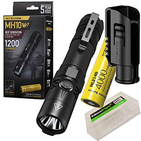 Nitecore MH10 v2 1200 Lumen USB-C Rechargeable LED Flashlight with 4000mAh Battery, Hard Holster with EdisonBright battery carrying case