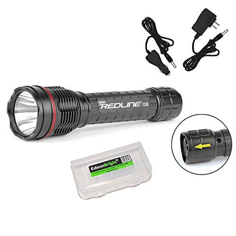 Nebo RC 300 rechargeable flashlight 6007 with Battery, AC power adaptor, In-Car charging cable and EdisonBright brand Battery Carry Case.