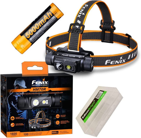 Fenix HM70R 1600 Lumen Rechargeable White/red LED Headlamp with EdisonBright Battery Carrying case Bundle