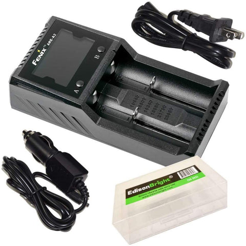 Fenix are-A2 Home/in-car Battery Charger for 21700/18650/16340 with EdisonBright BBX5 Battery Carry case Bundle