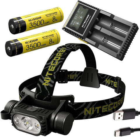 Nitecore HC65 V2 1750 Lumens LED Compact headlamp with 2 X Rechargeable Batteries, D2 Charger and EdisonBright Battery Carrying case