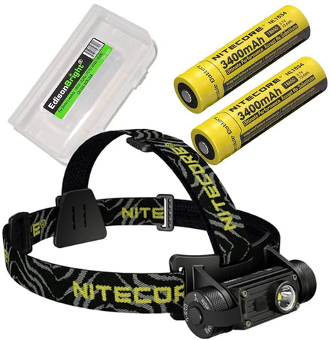 Nitecore HC60 v2.20 1200 Lumens LED Compact headlamp with 2 X NL1834 Rechargeable Batteries and EdisonBright Battery Carrying case
