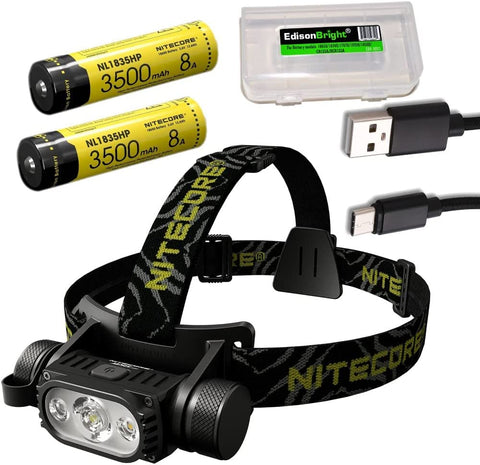 Nitecore HC65 V2 1750 Lumens LED Compact headlamp with 2 X NL1835HP Rechargeable Batteries and EdisonBright Battery Carrying case