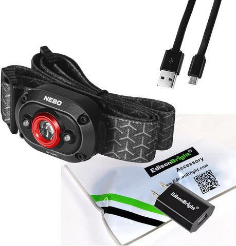 NEBO MYCRO 110 Lumen USB Rechargeable Red LED headlamp/Cap Light, with Rechargeable Battery and EdisonBright USB Charger Bundle
