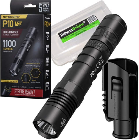Nitecore P10 V2 1100 Lumen LED Tactical Flashlight with Hard Holster and EdisonBright battery carrying case