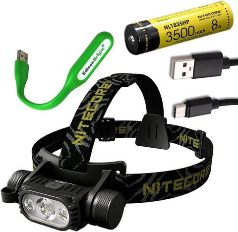 Nitecore HC65 V2 1750 Lumens LED Compact headlamp with NL1835HP Rechargeable Battery and EdisonBright USB Powered LED Reading Light