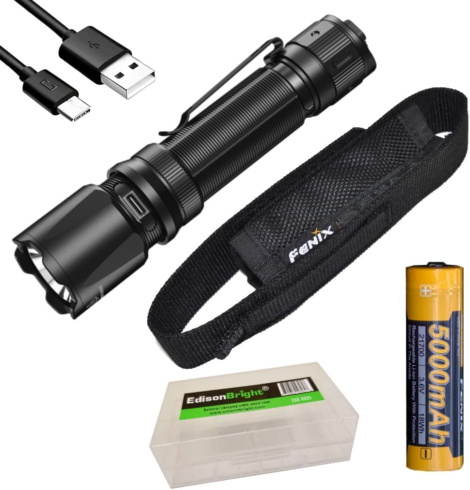 Fenix TK20R V2 Rechargeable 3000 Lumen LED Tactical Flashlight with, 5000mAh Rechargeable Battery, USB Charging Cable and EdisonBright Battery Carrying case Bundle