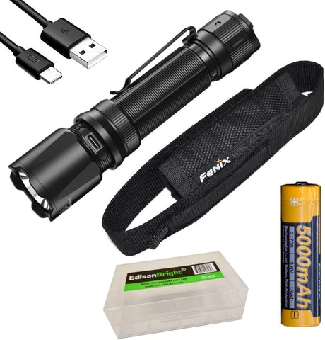 Fenix TK20R V2 Rechargeable 3000 Lumen LED Tactical Flashlight with, 5000mAh Rechargeable Battery, USB Charging Cable and EdisonBright Battery Carrying case Bundle