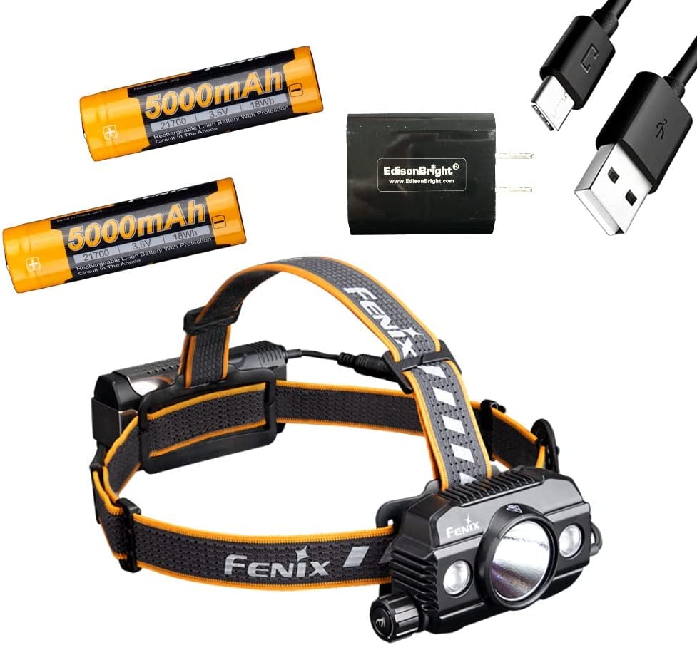 Fenix HP30R V2 3000 Lumen USB-C Rechargeable LED Headlamp, 2 X Fenix Rechargeable Batteries with EdisonBright USB Charging Adapter Bundle