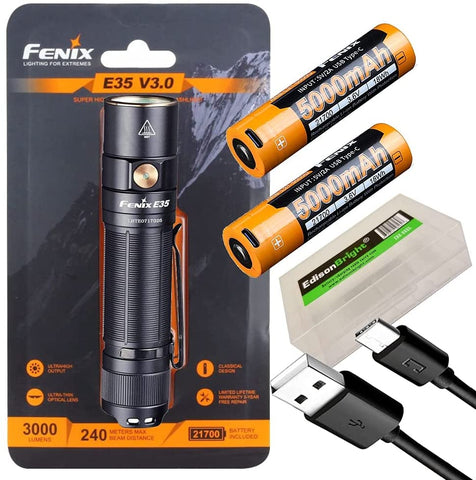 Fenix E35 V3.0 3000 Lumen LED Flashlight, 2 X 5000mAh USB-C Rechargeable batteries with EdisonBright battery carrying case bundle