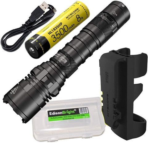 Nitecore P22R 1800 Lumen USB-C Rechargeable Strobe Ready Tactical Flashlight, battery, duty holster with EdisonBright Battery Case bundle