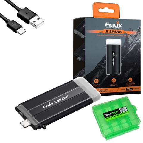 Fenix E-Spark Rechargeable 100 Lumen Keychain Flashlight with Power Bank Function, Charging Cable Carry case Bundle