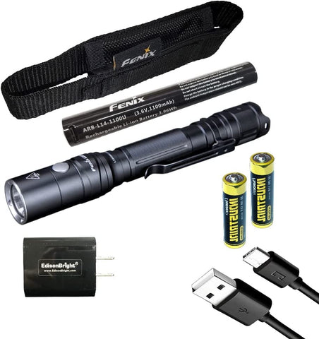 Fenix LD22 V2 800 Lumen Slim LED Tactical Flashlight, Rechargeable Battery, 2 X AA Batteries with EdisonBright Charging Adapter