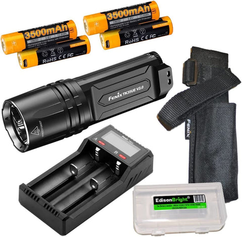 Fenix TK35UE V2 (TK35UEV2) 5000 Lumen LED Tactical Flashlight with 4 X Batteries, are-D2 Charger and EdisonBright Battery Carrying case
