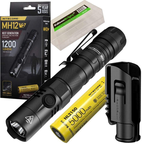 Nitecore MH12 V2 1200 Lumen USB-C Rechargeable LED Tactical Flashlight with 5000mAh Battery and EdisonBright battery carrying case