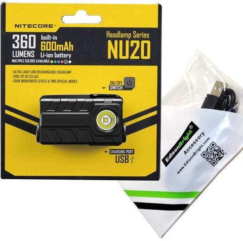 Nitecore NU20 360 Lumen USB rechargeable compact LED headlamp/worklight and EdisonBright brand USB charging cable bundle