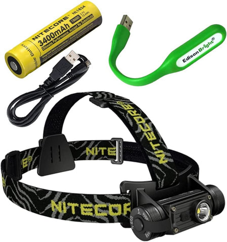 Nitecore HC60 V2 1200 Lumens LED Compact headlamp with NL1834 Rechargeable Battery and EdisonBright USB Powered LED Reading Light