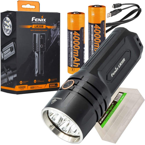 Fenix LR35R 10,000 lumen LED rechargeable tactical flashlight with 2 X Fenix Li-ion rechargeable batteries and EdisonBright battery carrying case bundle