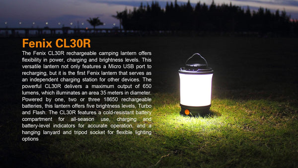Fenix CL30R 650 lumen USB rechargeable camping lantern / work light (Black  body) , 3 X 18650 rechargeable batteries with Two back-up use EdisonBright