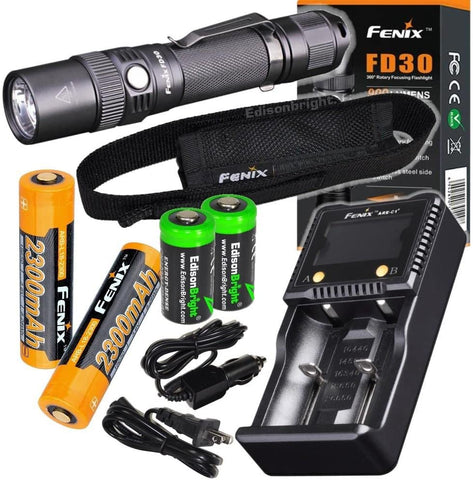 Fenix FD30 900 Lumen CREE LED tactical flashlight with 2 X Fenix ARB-L18 18650 Li-ion rechargeable batteries, Fenix home/car smart Charger and 2 X EdisonBright CR123A Lithium batteries bundle