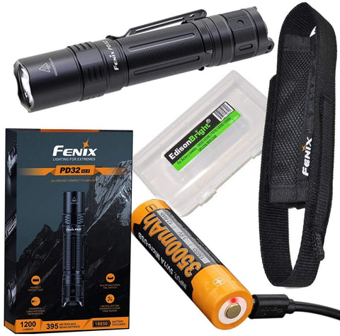 Fenix Bundle PD32 V2 1200 Lumen LED Tactical Flashlight, USB Rechargeable ARB-L18-3500U Li-ion Battery and EdisonBright BBX3 Battery case