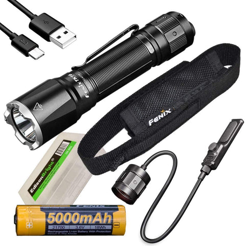 Fenix TK16 V2 3100 Lumen LED Tactical Flashlight, AER-05 pressure switch, USB Rechargeable ARB-L21-5000U Li-ion Battery and EdisonBright BBX5 Battery case bundle
