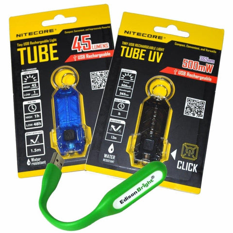 Nitecore TUBE UV/Blue (white light) pair of USB rechargeable keychain light & Blacklight with EdisonBright flexible USB reading light bundle
