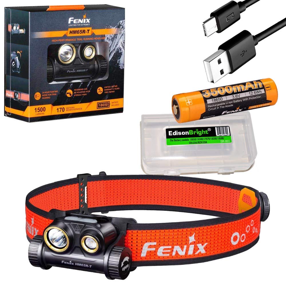 Fenix HM65R-T 1500 lumen spot/flood Light USB-C rechargeable lightweight headlamp, for jogging/camping with EdisonBright battery carring case
