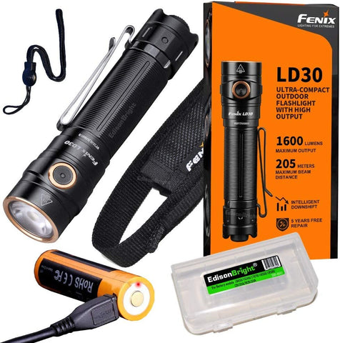 Fenix LD30 1600 Lumen LED Tactical Flashlight, 3500 mAh Rechargeable Battery with EdisonBright Battery Carry case Bundle