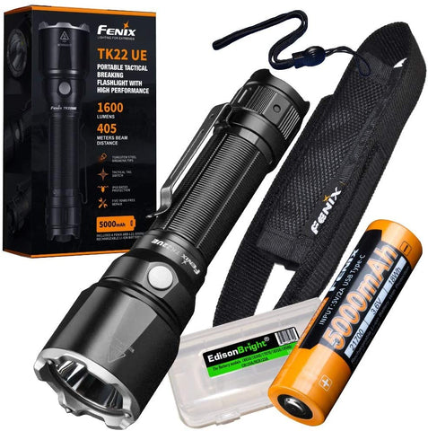 Fenix TK22 UE 1600 Lumen high powered long throw LED flashlight (Ultimate Edition), rechargeable battery with EdisonBright brand battery carry case
