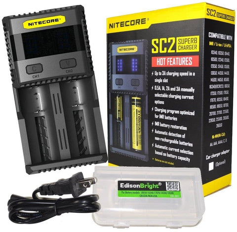 Nitecore SC2 battery charger bundle: 3A Fast charger for 16340/18650/RCR123A/14500 and more battery types with EdisonBright brand BBX3 Battery case