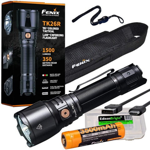 Fenix TK26R 1500 Lumen high powered USB rechargeable white/red/green LED flashlight, rechargeable battery with EdisonBright brand battery carry case bundle
