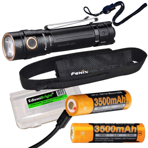 Fenix LD30 1600 Lumen LED tactical Flashlight, 2 X 3500mAh rechargeable battery with EdisonBright battery carry case bundle