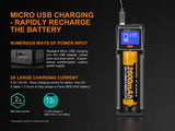 Fenix are-D1 USB Powered Smart Battery Charger for 21700/18650/16340 with EdisonBright BBX5 Battery Carry case