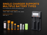 Fenix are-D2 USB Powered Two Bay Smart Battery Charger for 21700/18650/16340 with EdisonBright BBX5 Battery Carry case