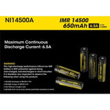 Nitecore NI14500A IMR 14500 6.5A 650mAh 3.7V Unprotected Lithium Manganese (LiMn2O4) Flat Top Battery