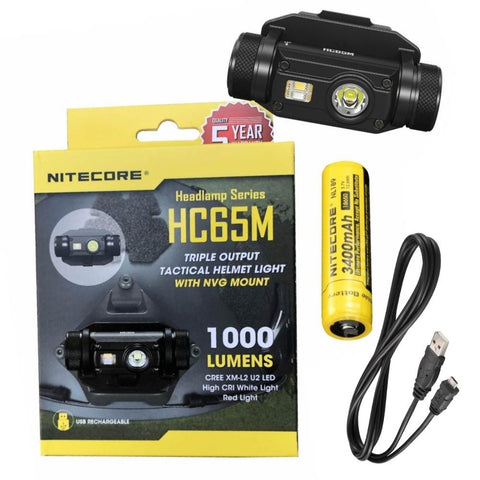Nitecore HC65M 1000 Lumens CREE LED NVG helmet mountable headlamp and 3400mAh rechargeable battery
