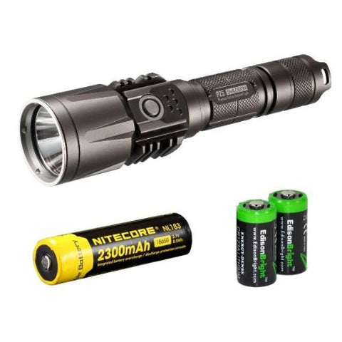 NITECORE P25 860 Lumens high intensity CREE XM-L U2 LED Gray Tactical Flashlight with Nitecore NL183 rechargeable 18650 Battery and 2 X EdisonBright CR123A Lithium Batteries Bundle