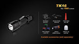 EdisonBright Fenix TK16 1000 Lumens Cree LED tactical Flashlight with Genuine Fenix ARB-L2 18650 2600mAh Li-ion rechargeable battery, smart battery Charger and 2X CR123A Lithium batteries bundle