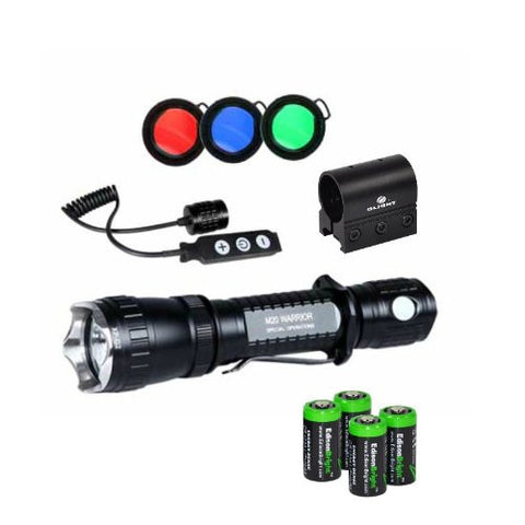 Olight M20S G2 Special Operations 420 Lumens Tactical Flashlight Hunting Kit with Red/Green/Blue Filters set, Olight Weapon mount WM20, Three keys remote pressure switch and 4 X EdisonBright CR123 Battery Bundle
